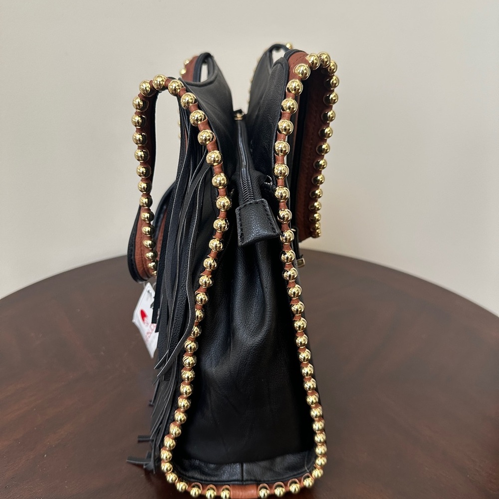 Big Buddha Black Fringe Shoulder Bag with Gold Accents - Picture 4 of 6